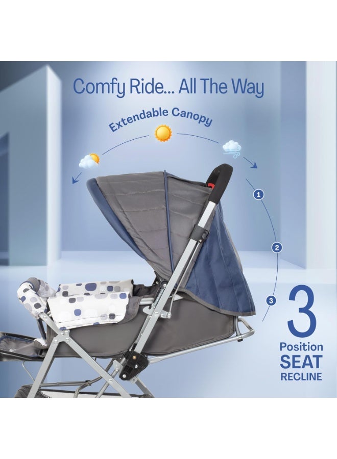 LuvLap Sunshine Baby Stroller/Pram for 0 to 3 Years, New Born/Toddler/Kid, 5 Point Safety Harness, Adjustable backrest, 360° Swivel Wheel, Large Storage Basket, Reversible Handlebar(Navy Blue) - Image 4